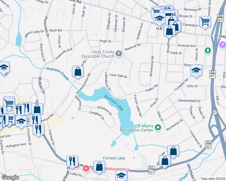 map of restaurants, bars, coffee shops, grocery stores, and more near 435 Lakeshore Drive in Fayetteville
