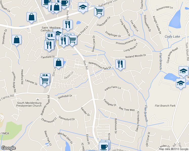 map of restaurants, bars, coffee shops, grocery stores, and more near 9121 Lanigan Street in Charlotte