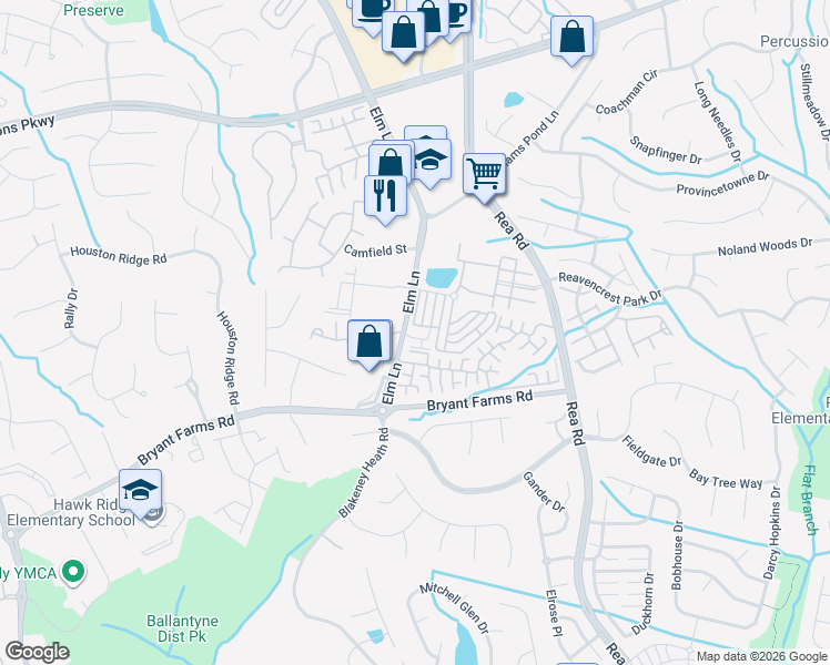 map of restaurants, bars, coffee shops, grocery stores, and more near 8626 Windsor Ridge Drive in Charlotte