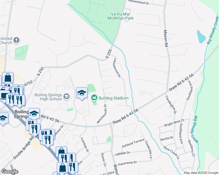 map of restaurants, bars, coffee shops, grocery stores, and more near 617 Kneewood Court in Boiling Springs