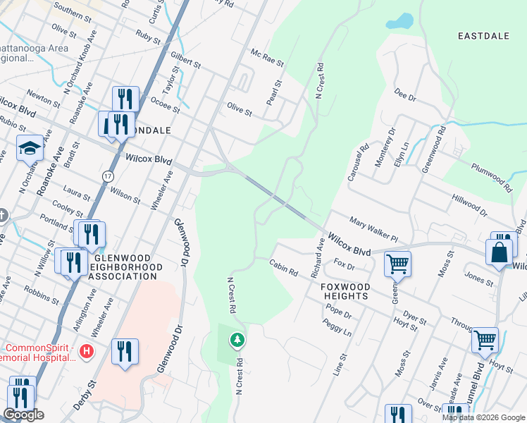 map of restaurants, bars, coffee shops, grocery stores, and more near 300 North Crest Road in Chattanooga