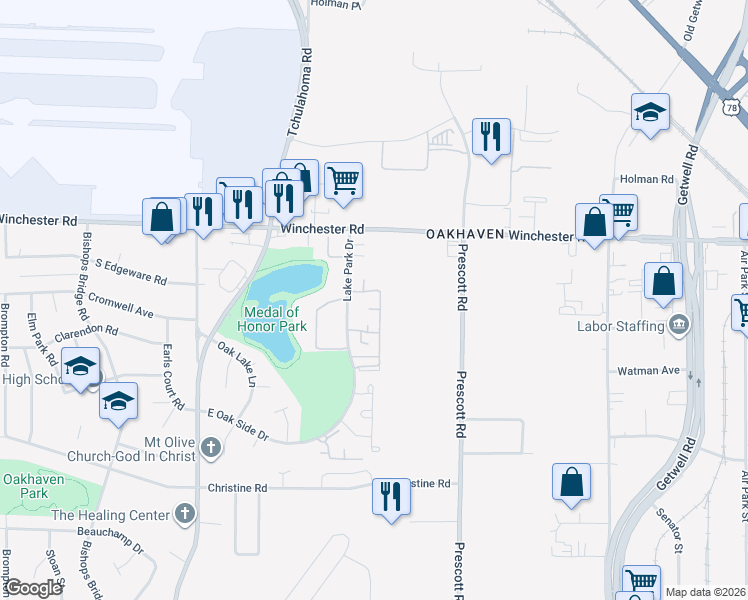 map of restaurants, bars, coffee shops, grocery stores, and more near 3666 Winpark Court in Memphis