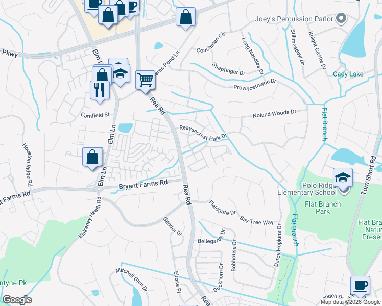 map of restaurants, bars, coffee shops, grocery stores, and more near 9121 Lanigan Street in Charlotte