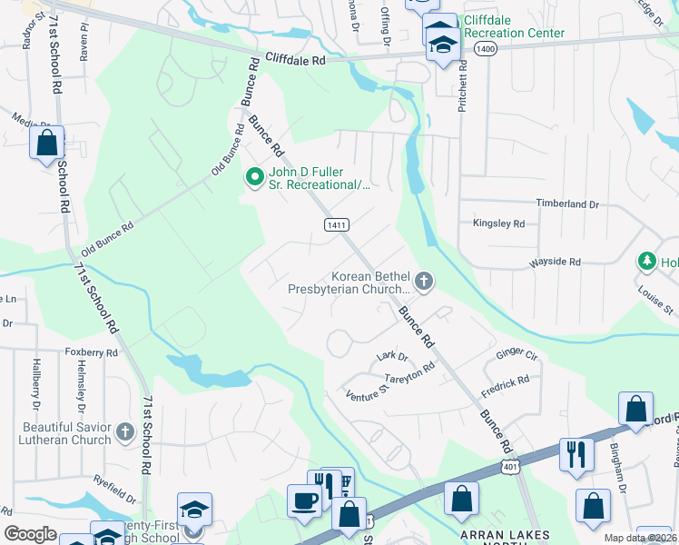 map of restaurants, bars, coffee shops, grocery stores, and more near Vermont Street in Fayetteville