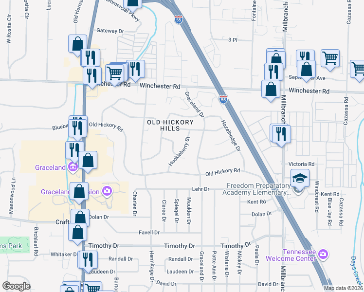 map of restaurants, bars, coffee shops, grocery stores, and more near 3646 Huckleberry Street in Memphis