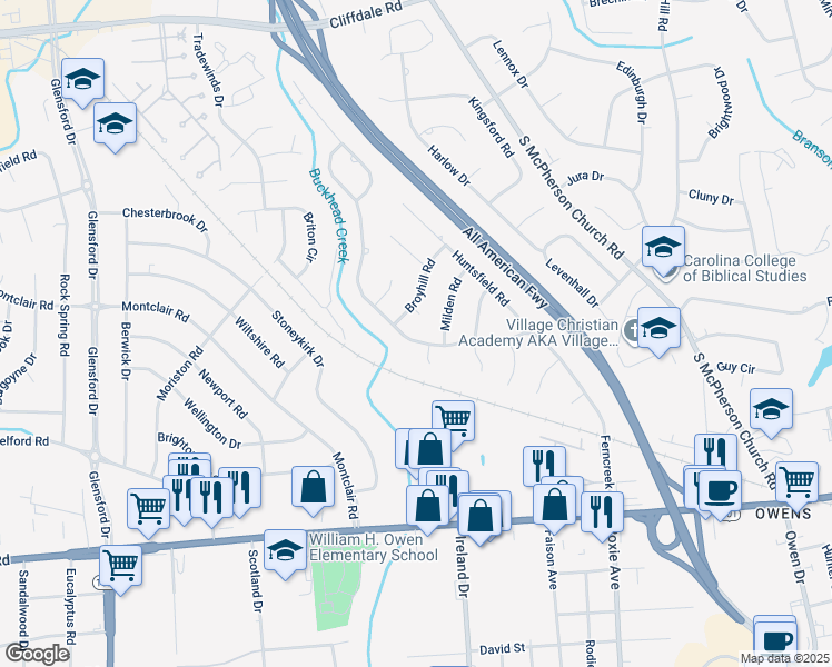 map of restaurants, bars, coffee shops, grocery stores, and more near 4308 Ferncreek Drive in Fayetteville