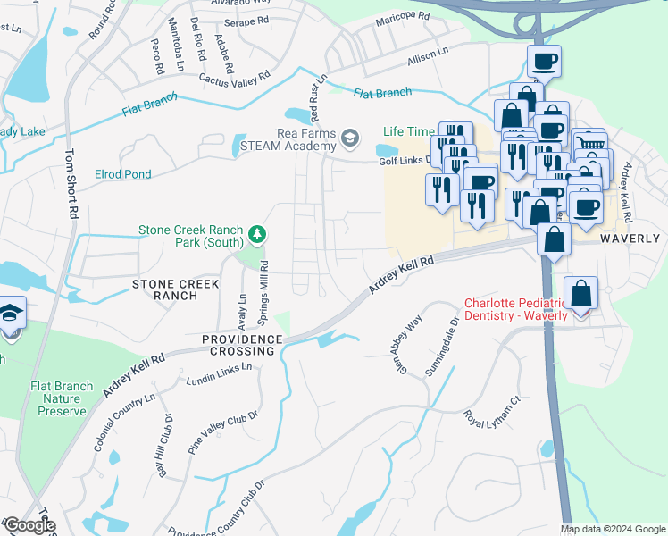 map of restaurants, bars, coffee shops, grocery stores, and more near 11508 Red Rust Lane in Charlotte