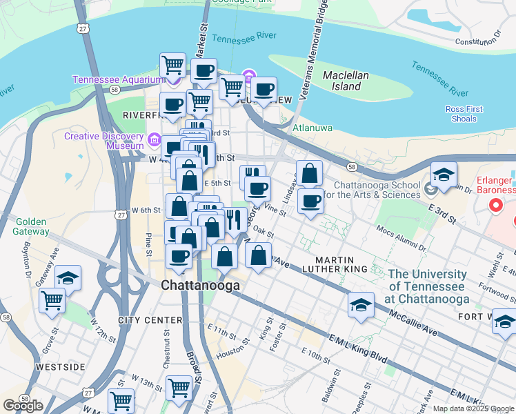 map of restaurants, bars, coffee shops, grocery stores, and more near 600 Georgia Avenue in Chattanooga