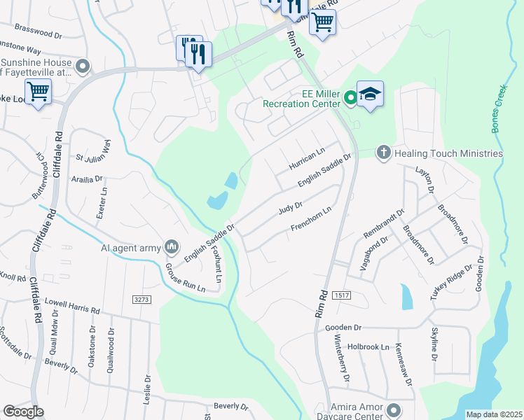 map of restaurants, bars, coffee shops, grocery stores, and more near 8400 English Saddle Drive in Fayetteville