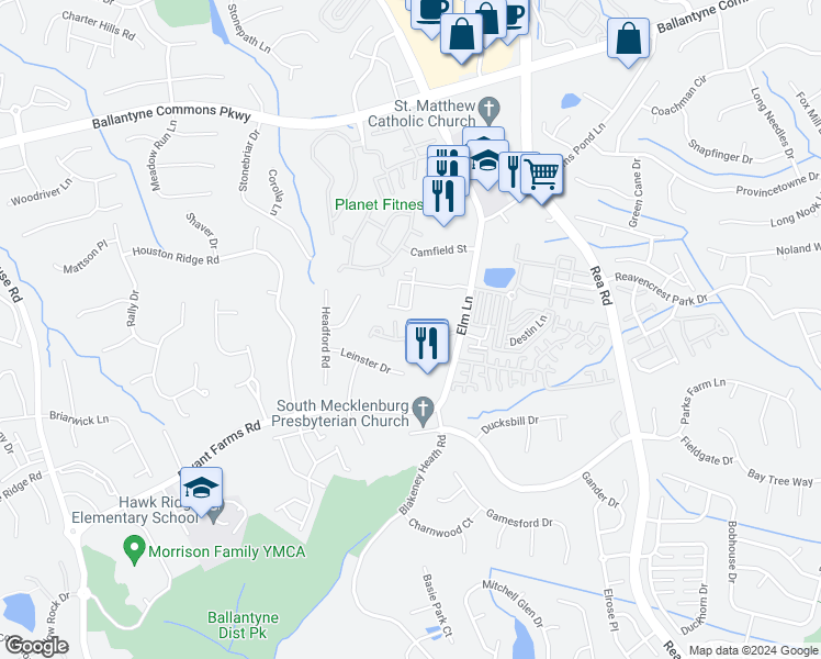 map of restaurants, bars, coffee shops, grocery stores, and more near 12011 Sarah Elizabeth Lane in Charlotte