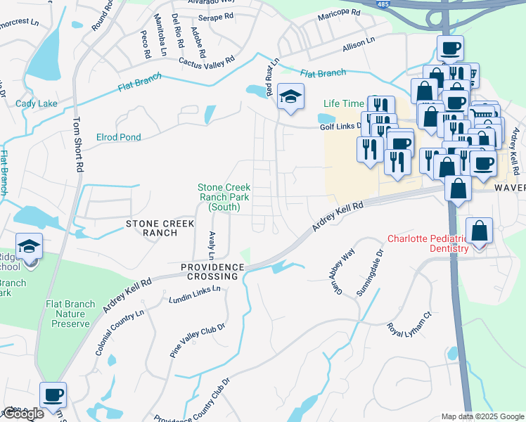 map of restaurants, bars, coffee shops, grocery stores, and more near 7022 Walnut Branch Lane in Charlotte