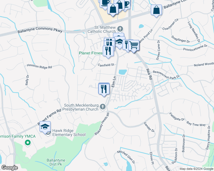 map of restaurants, bars, coffee shops, grocery stores, and more near 8624 Robinson Forest Drive in Charlotte