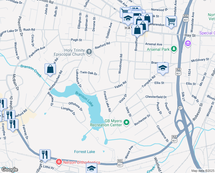 map of restaurants, bars, coffee shops, grocery stores, and more near 370 Valley Road in Fayetteville