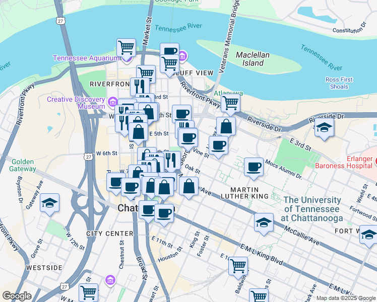 map of restaurants, bars, coffee shops, grocery stores, and more near 425 High Street in Chattanooga
