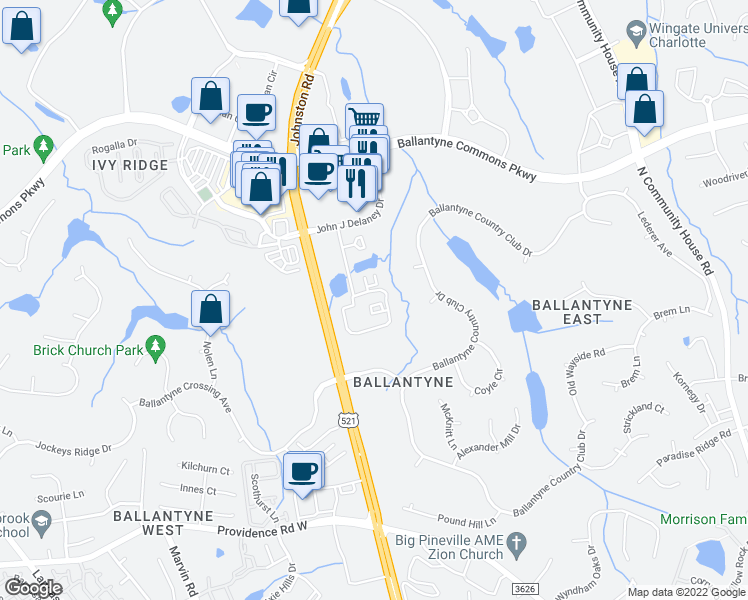map of restaurants, bars, coffee shops, grocery stores, and more near 10110 Ivey Chase Lane in Charlotte