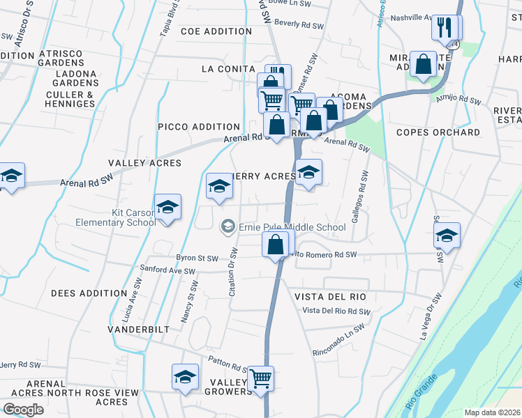 map of restaurants, bars, coffee shops, grocery stores, and more near 1647 Valdora in Albuquerque