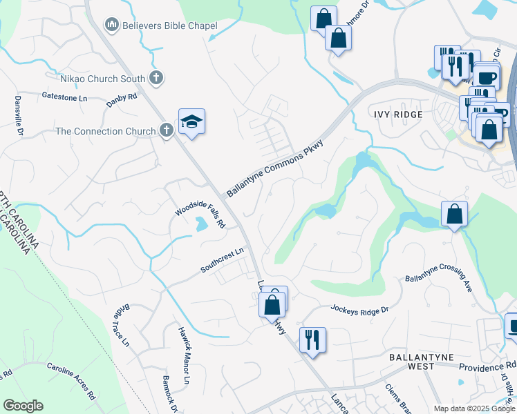 map of restaurants, bars, coffee shops, grocery stores, and more near 14462 Adair Manor Court in Charlotte