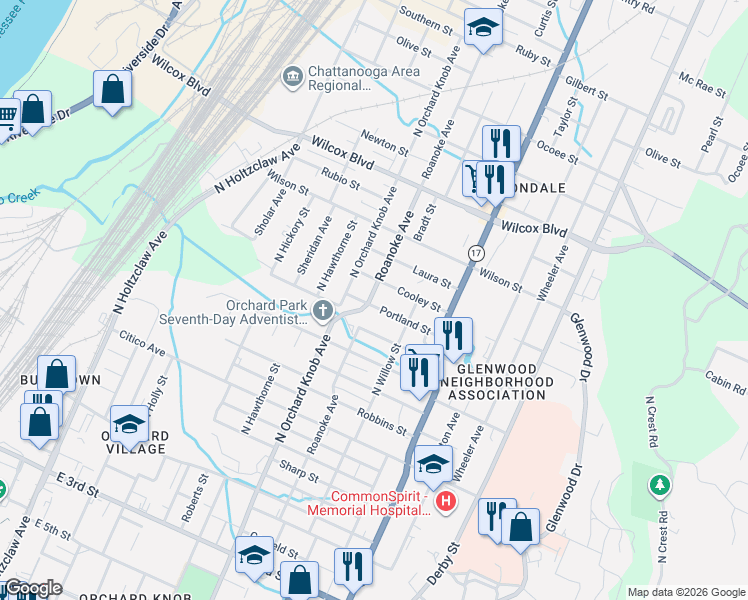 map of restaurants, bars, coffee shops, grocery stores, and more near 1910 Cooley Street in Chattanooga