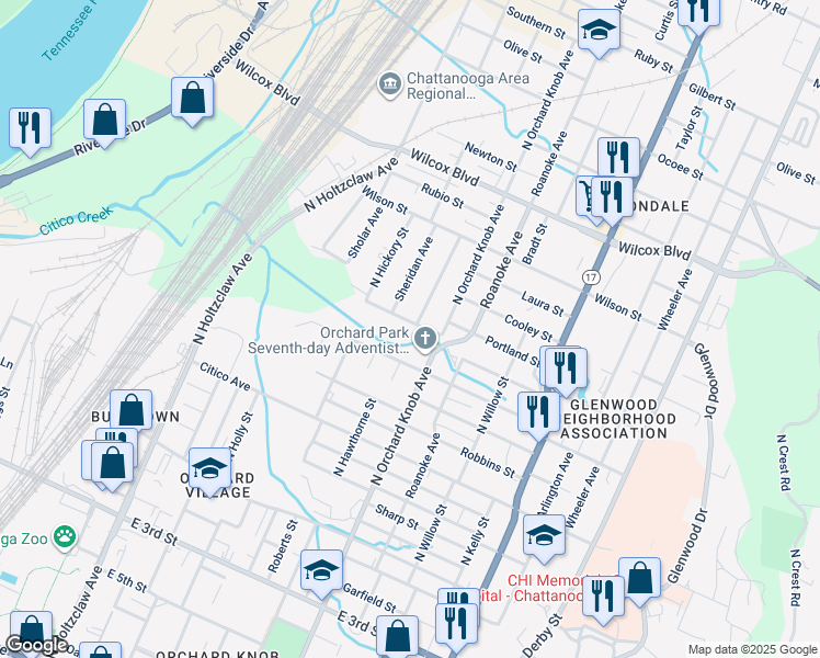 map of restaurants, bars, coffee shops, grocery stores, and more near 1002 Sheridan Avenue in Chattanooga