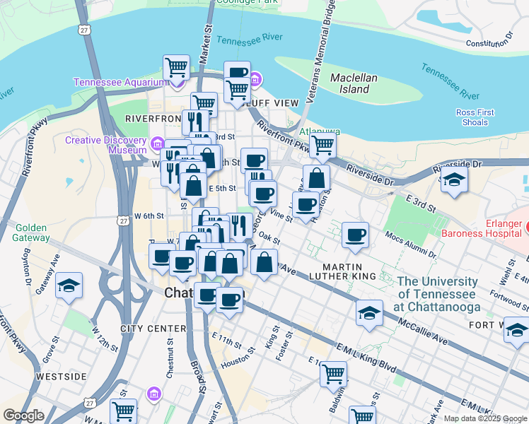 map of restaurants, bars, coffee shops, grocery stores, and more near 425 High Street in Chattanooga