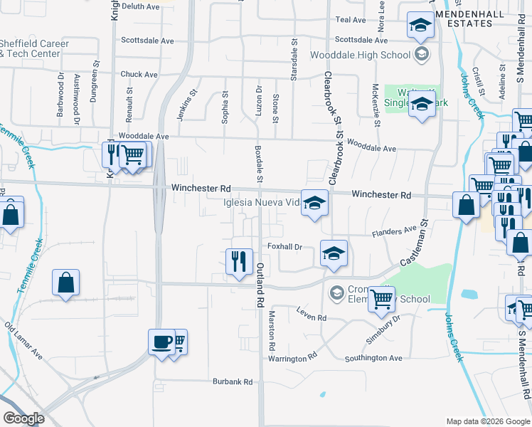 map of restaurants, bars, coffee shops, grocery stores, and more near 4871 Winchester Road in Memphis