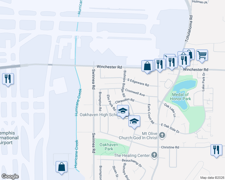map of restaurants, bars, coffee shops, grocery stores, and more near 3078 Cromwell Avenue in Memphis