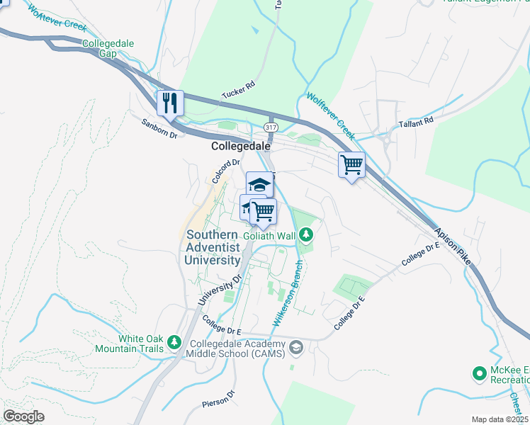 map of restaurants, bars, coffee shops, grocery stores, and more near 5046 University Drive in Collegedale