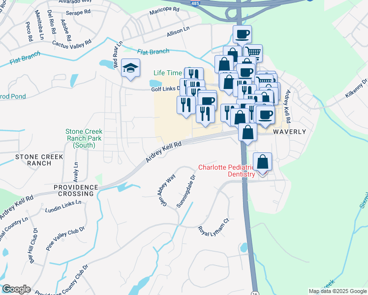 map of restaurants, bars, coffee shops, grocery stores, and more near 6719 Fairway Row Lane in Charlotte