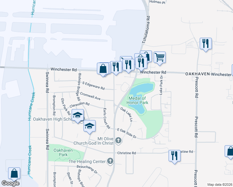 map of restaurants, bars, coffee shops, grocery stores, and more near 3254 South Edgeware Road in Memphis