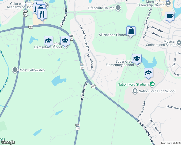 map of restaurants, bars, coffee shops, grocery stores, and more near 340 Harvest Valley Lane in Fort Mill