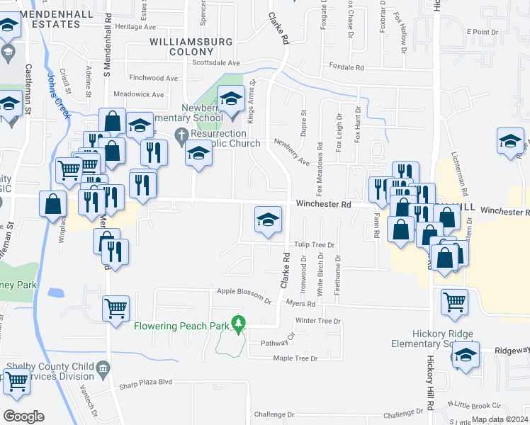 map of restaurants, bars, coffee shops, grocery stores, and more near 3625 Tulip Tree Cove in Memphis