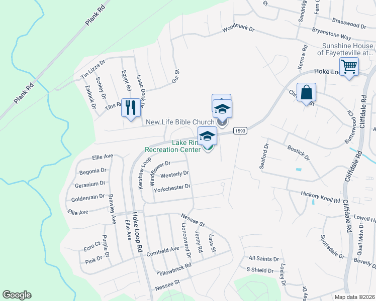 map of restaurants, bars, coffee shops, grocery stores, and more near 1506 Hoke Loop Road in Fayetteville