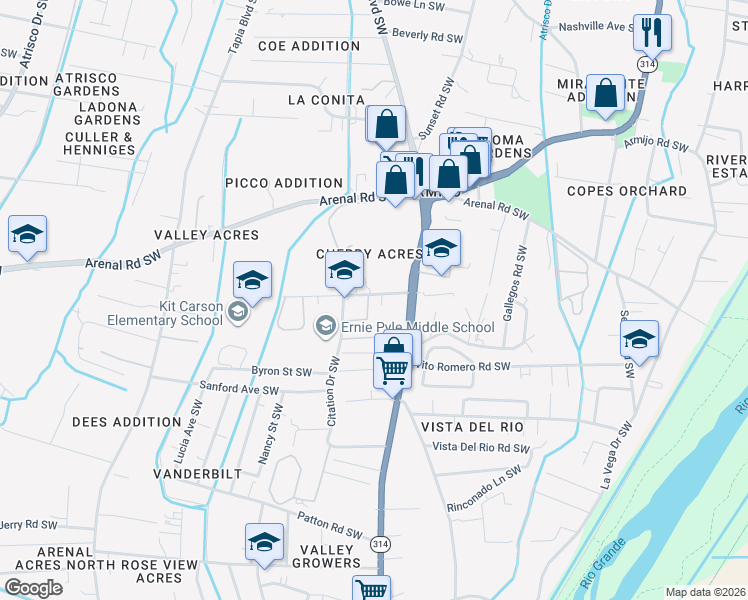 map of restaurants, bars, coffee shops, grocery stores, and more near 1647 Valdora in Albuquerque