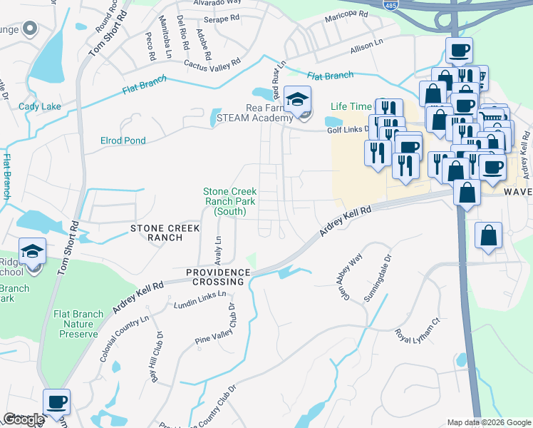 map of restaurants, bars, coffee shops, grocery stores, and more near 7022 Walnut Branch Lane in Charlotte