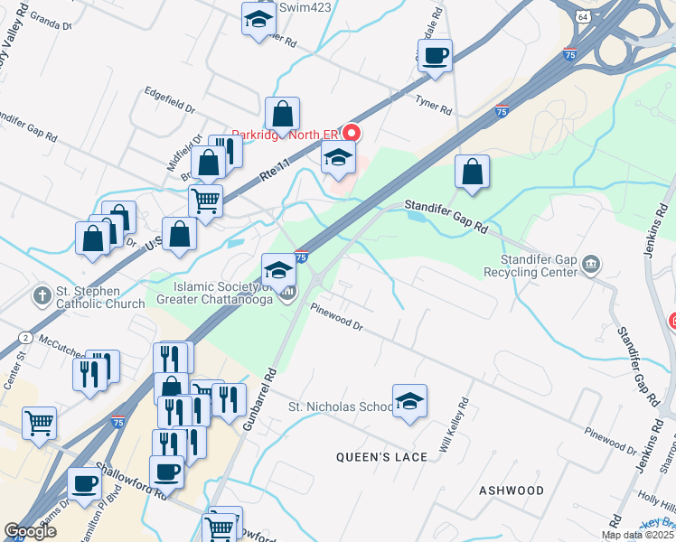 map of restaurants, bars, coffee shops, grocery stores, and more near 7420 Standifer Gap Road in Chattanooga