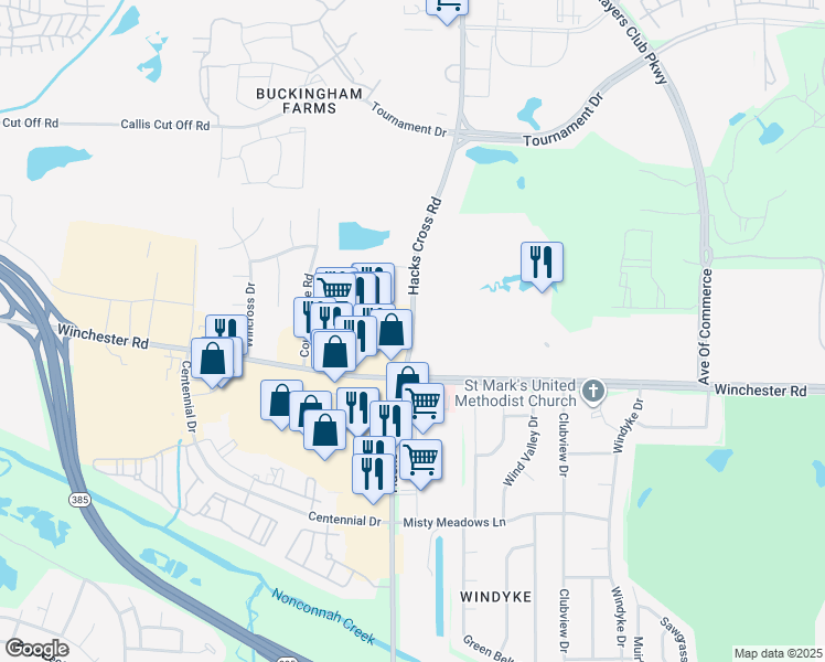 map of restaurants, bars, coffee shops, grocery stores, and more near 3640 Hacks Cross Road in Memphis
