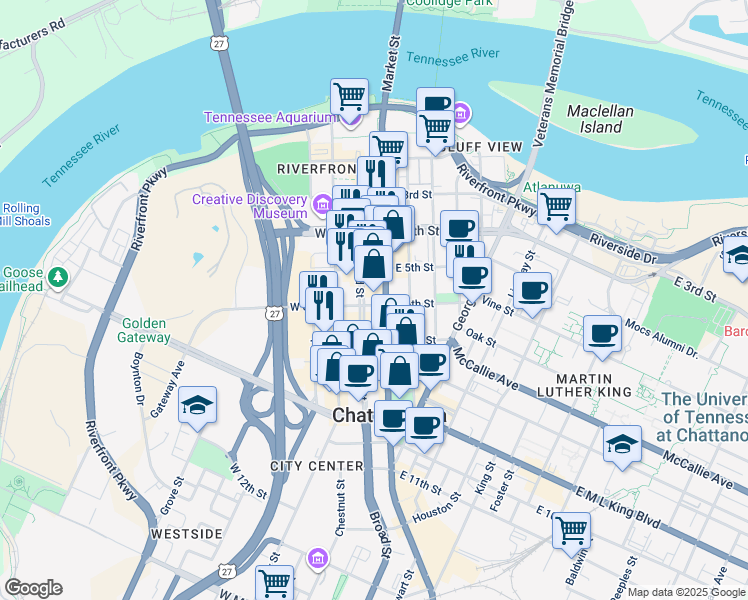 map of restaurants, bars, coffee shops, grocery stores, and more near in Chattanooga