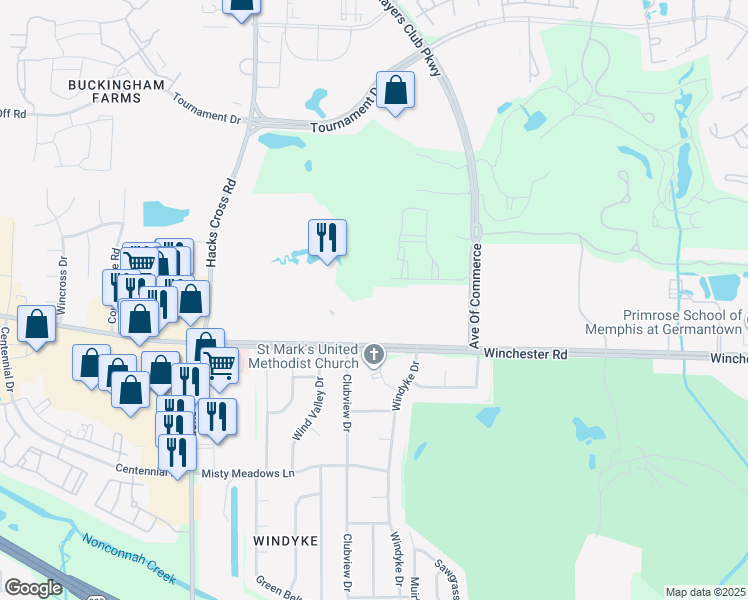 map of restaurants, bars, coffee shops, grocery stores, and more near 3680 Hacks Cross Road in Memphis