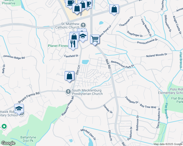 map of restaurants, bars, coffee shops, grocery stores, and more near 11506 Destin Lane in Charlotte