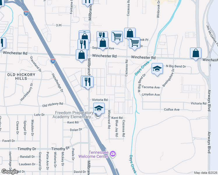 map of restaurants, bars, coffee shops, grocery stores, and more near 3619 Kingsgate Drive in Memphis