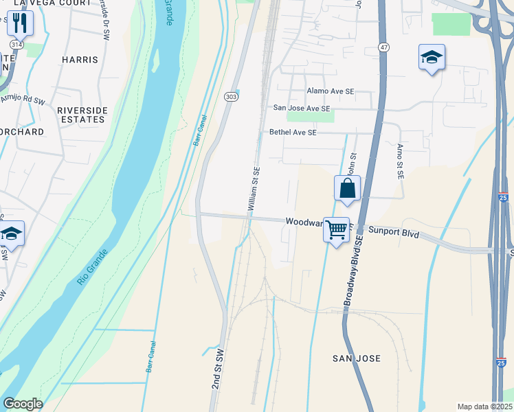 map of restaurants, bars, coffee shops, grocery stores, and more near 101 Woodward Ave SE in Albuquerque