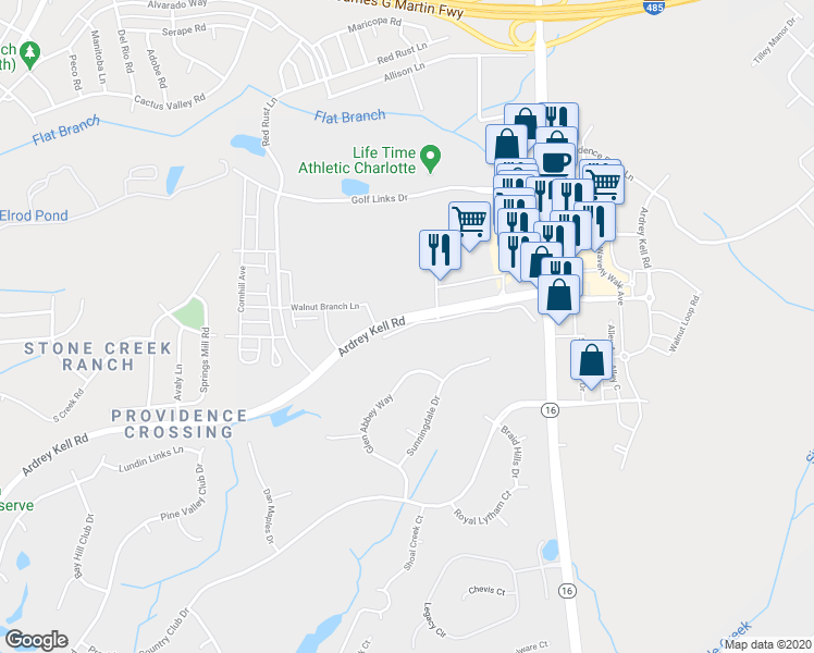 map of restaurants, bars, coffee shops, grocery stores, and more near 6735 Fairway Row Lane in Charlotte