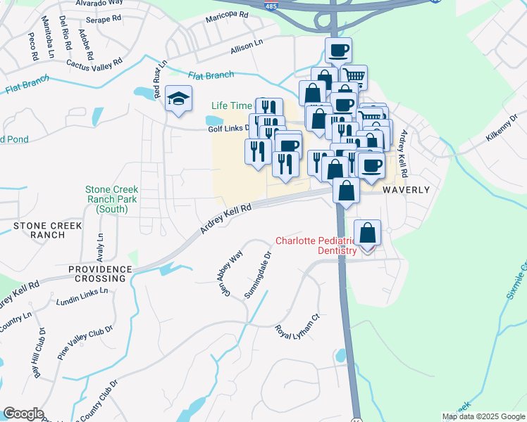 map of restaurants, bars, coffee shops, grocery stores, and more near Fairway Row Lane in Charlotte