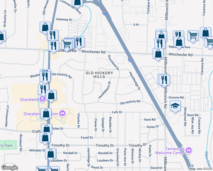 map of restaurants, bars, coffee shops, grocery stores, and more near 1419 Singing Trees Drive in Memphis