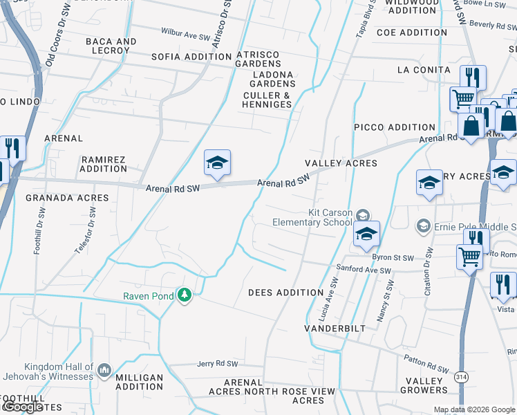 map of restaurants, bars, coffee shops, grocery stores, and more near 2137 Ferro Road Southwest in Albuquerque