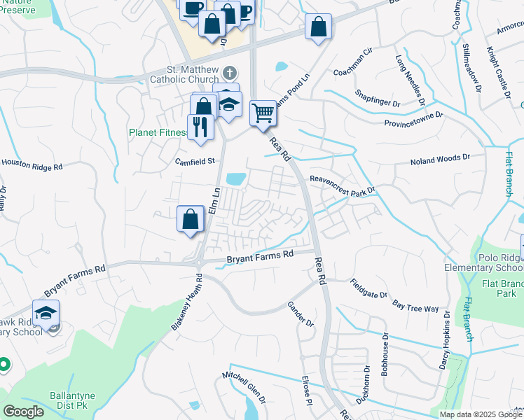 map of restaurants, bars, coffee shops, grocery stores, and more near 8015 Angelica Lane in Charlotte