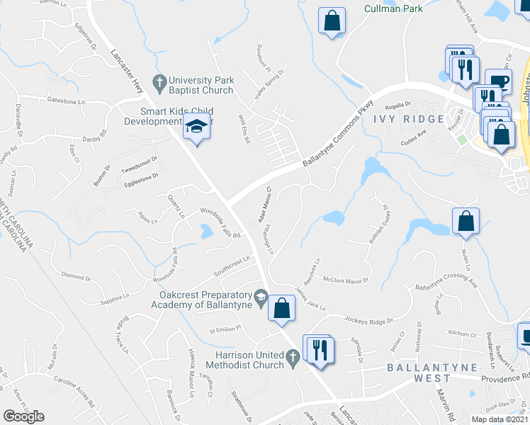 map of restaurants, bars, coffee shops, grocery stores, and more near 14462 Adair Manor Court in Charlotte