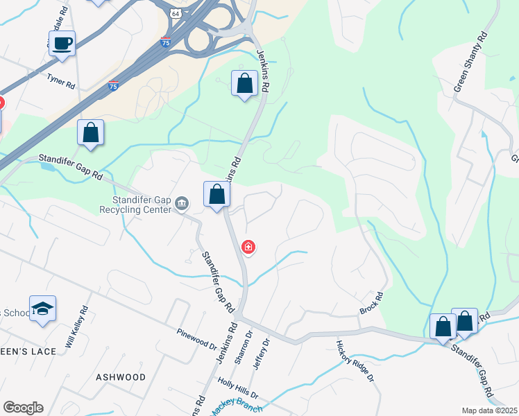 map of restaurants, bars, coffee shops, grocery stores, and more near 3400 Jenkins Road in Chattanooga