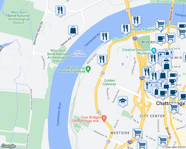 map of restaurants, bars, coffee shops, grocery stores, and more near 638 Canal Street in Chattanooga