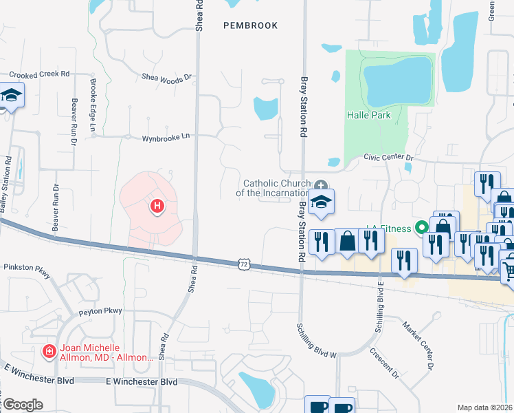 map of restaurants, bars, coffee shops, grocery stores, and more near 146 North Dubray Place in Collierville